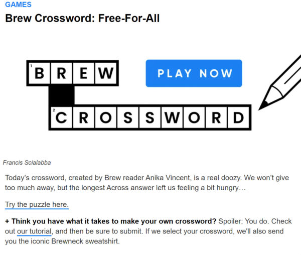 An image showing a crossword puzzle example included in an email from the Morning Brew.