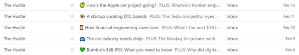 An image showing email subject lines with emojis from The Hustle. Each subject line has a different, relevant emoji that corresponds to the copy: a green apple, eye, hour glass, blue car, and green heart.