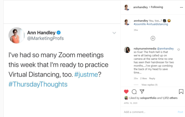 An image showing a screenshot of Ann Handley's Instagram account.