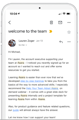An email campaign from Asana uses an account rep as the sender rather than the business name.