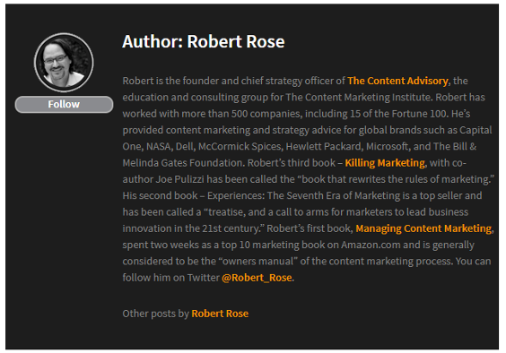 Example of an author bio, which helps comply with Google's EEAT content quality guidelines for SEO.