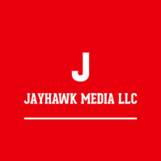 A white capital J and Jayhawk Media LLC appear over a bright red background. 