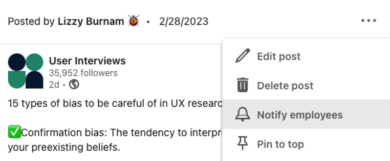 Image of a LinkedIn company page showing the Notify employees option in the drop-down menu from the three dots.