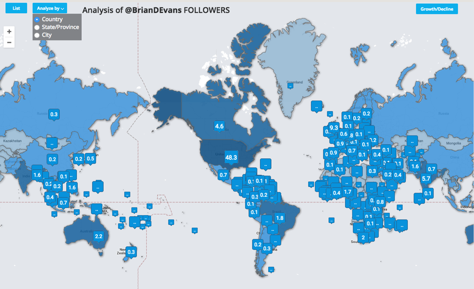 An image showing a map of Brian Evans followers using the Tweet Maps tool. 
