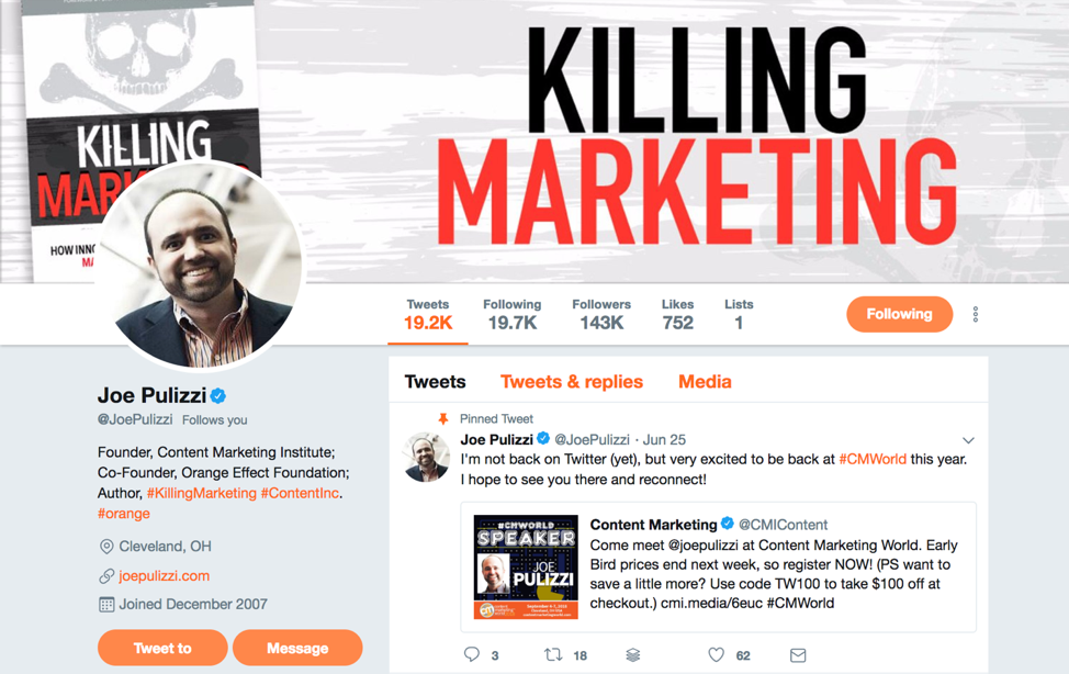 An image of Joe Pulizzi's Killing Marketing Twitter account.